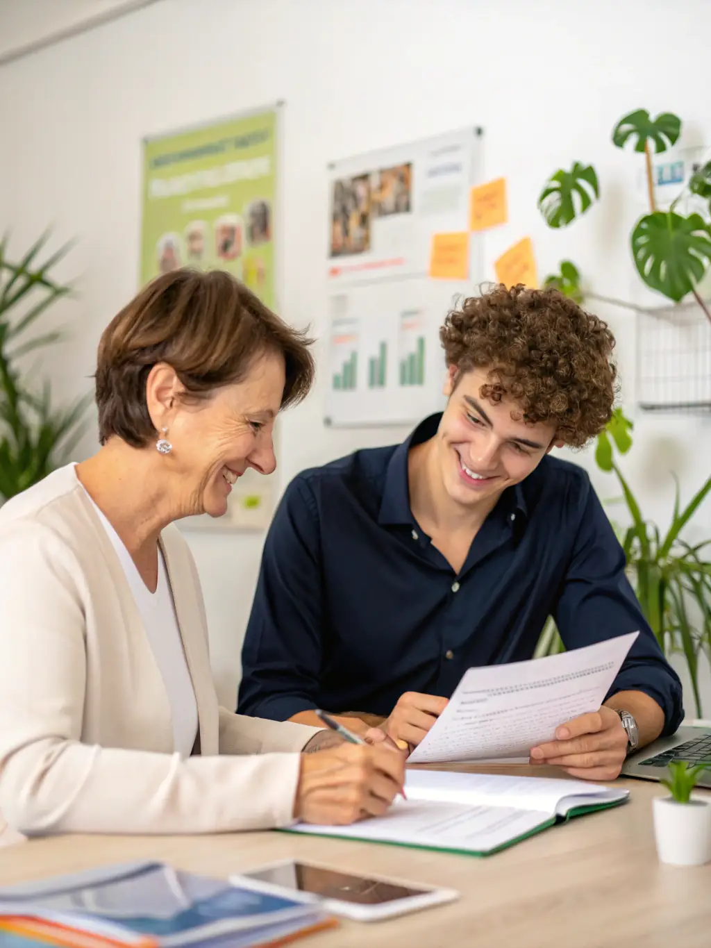 An image of a consultant working with a new employee, going through onboarding paperwork.