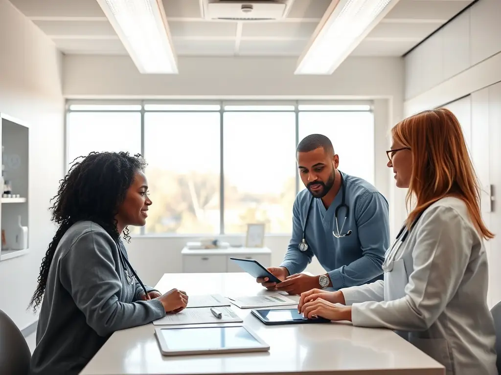 A diverse group of healthcare professionals collaborating in a modern office setting, symbolizing teamwork and a supportive work environment at Nexora Pflege.