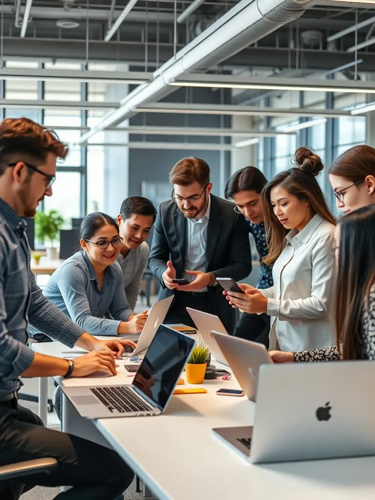 A photograph showing a diverse team collaborating in a modern office environment, symbolizing successful onboarding and integration facilitated by Nexora Pflege.