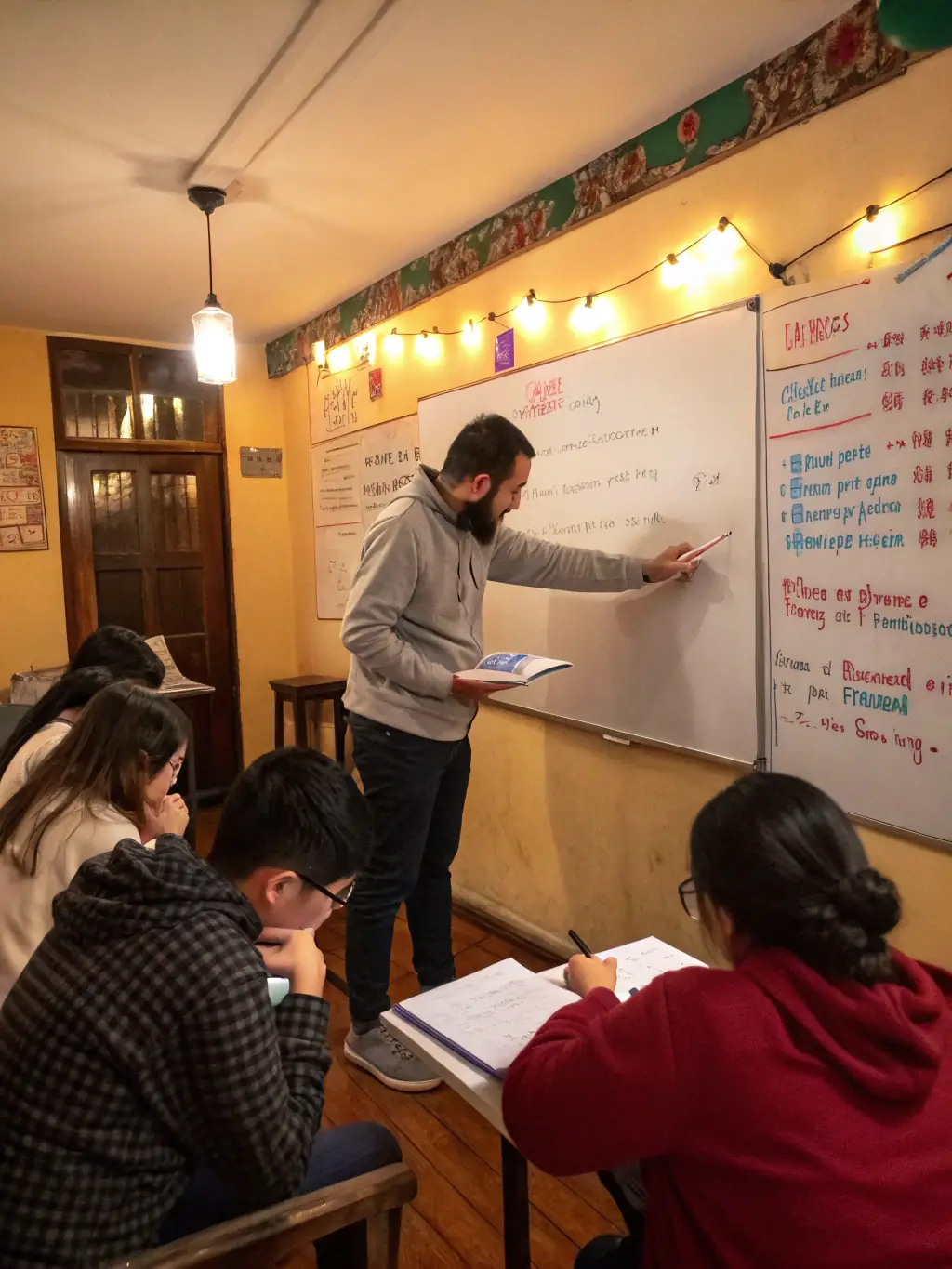 An image showing a language instructor guiding international professionals through a language lesson, emphasizing Nexora Pflege's dedication to language and cultural integration.
