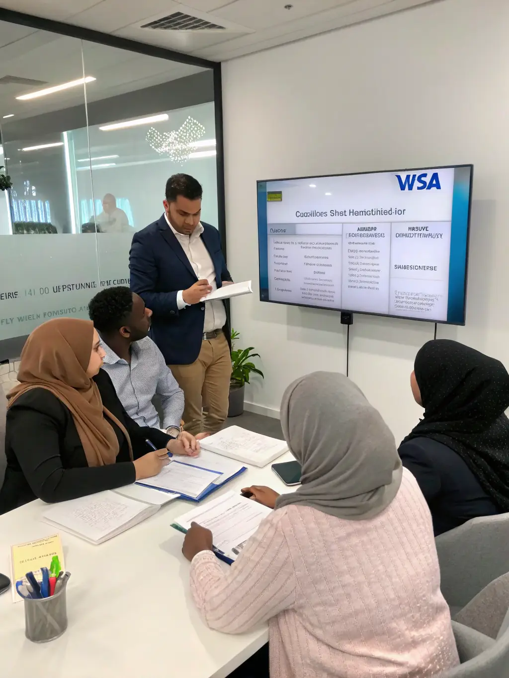 An image depicting a smooth and efficient relocation process, with international professionals receiving assistance with visa applications and paperwork, showcasing Nexora Pflege's migration services.