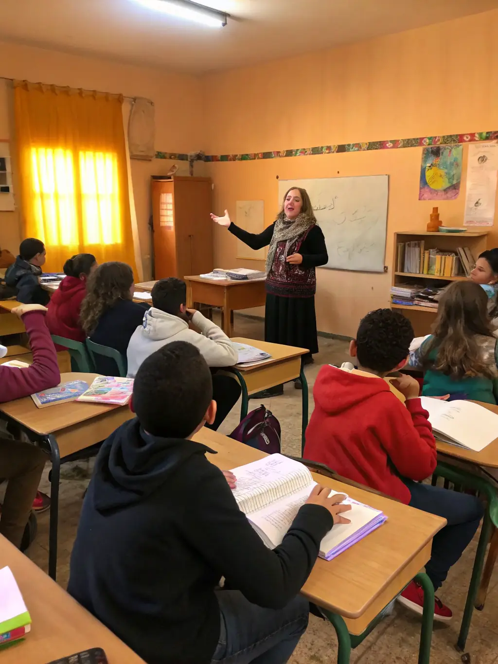A photo of a modern classroom setting with international students participating in a language course, highlighting Nexora Pflege's education services.