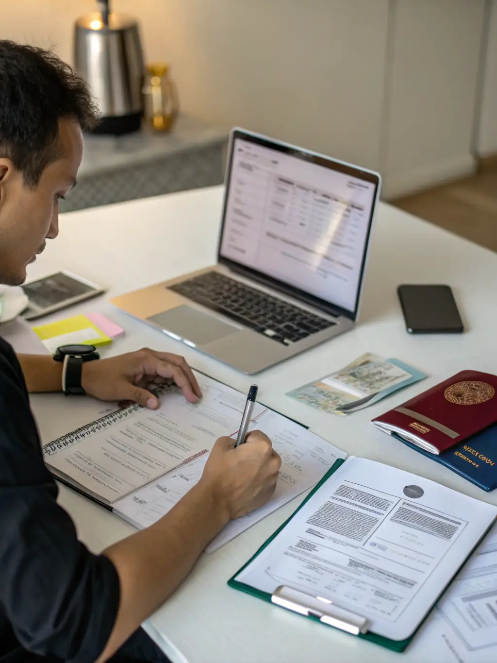 An image illustrating the visa application process, with documents and official stamps, highlighting Nexora Pflege's expertise in migration support.
