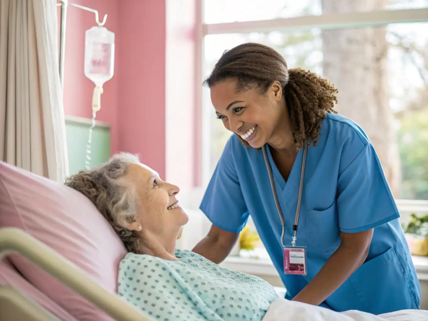 A nurse assisting an elderly patient with a warm smile, representing the compassionate care and fulfilling career opportunities available at Nexora Pflege.