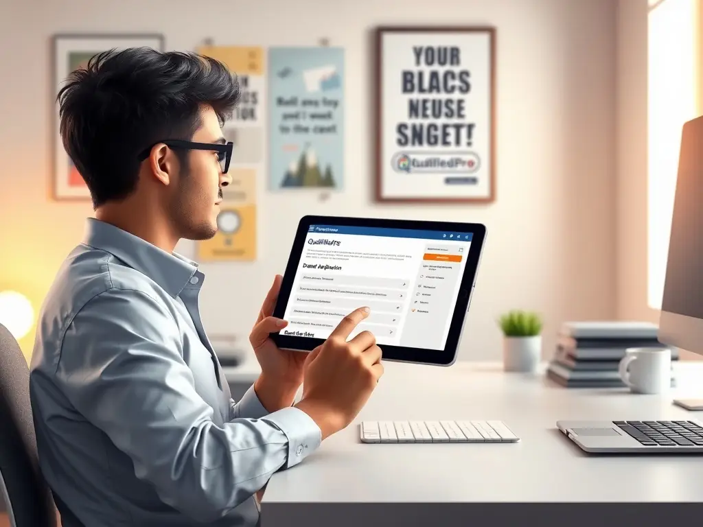 A candidate reviewing job listings on a tablet with the Nexora Pflege logo in the background, highlighting the easy application process and available opportunities.