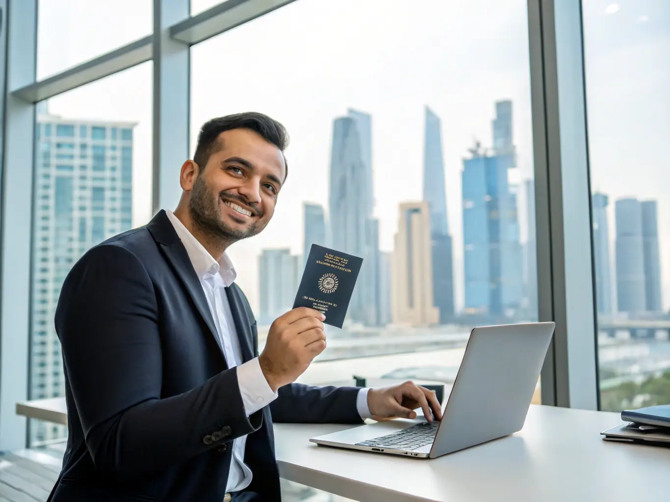 A skilled worker smiling confidently while holding a German work visa, representing Nexora Pflege's dedication to helping international professionals build successful careers in Germany.