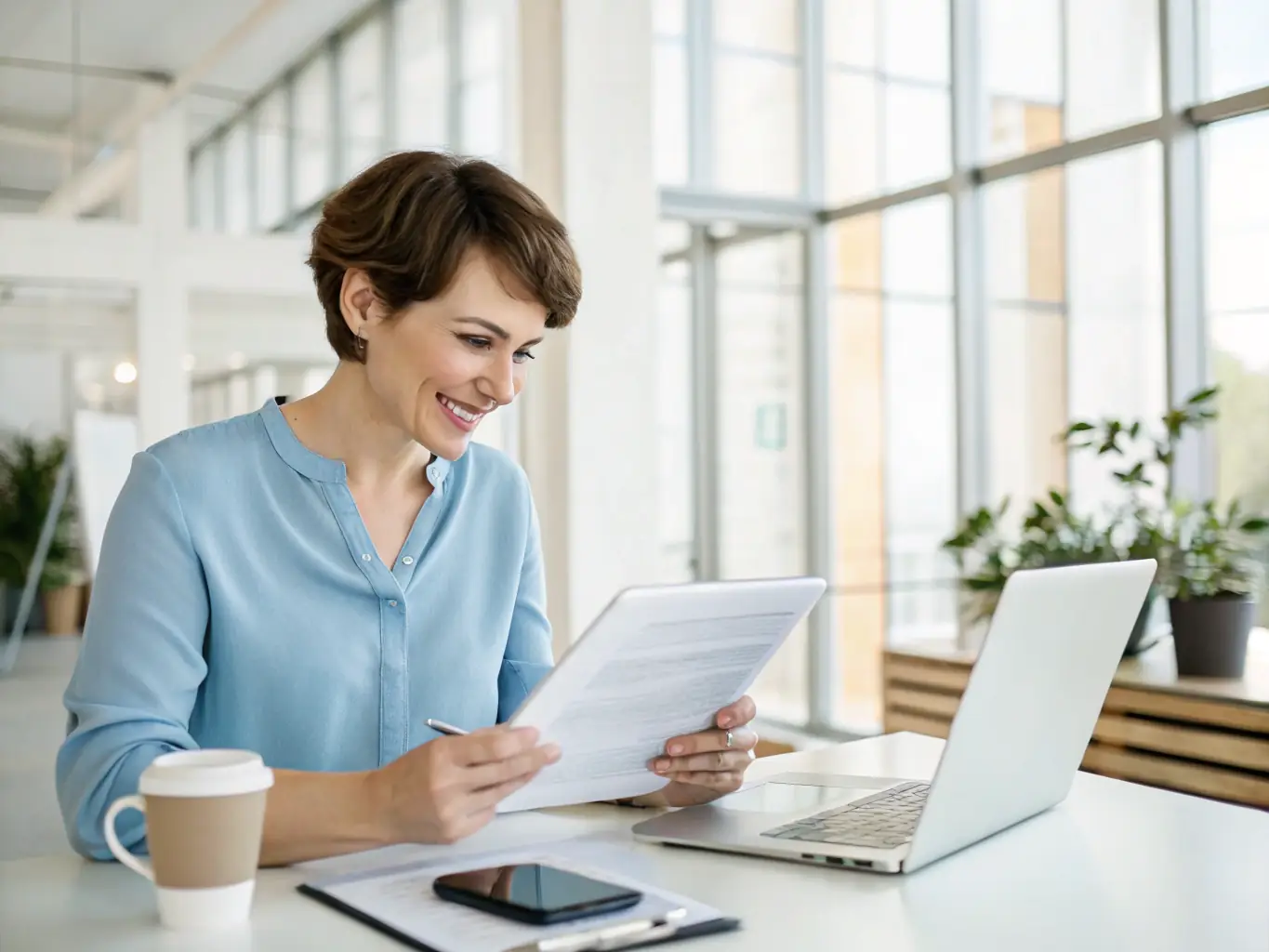 A professional employer in a modern office setting, reviewing candidate profiles on a tablet, symbolizing Nexora Pflege's commitment to connecting businesses with top international talent.