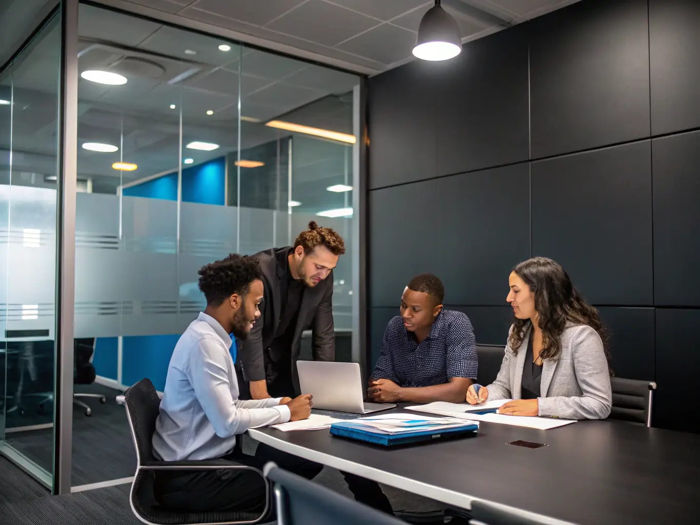 A diverse group of international professionals collaborating in a modern German workplace, showcasing Nexora Pflege's commitment to fostering inclusive and successful integration.